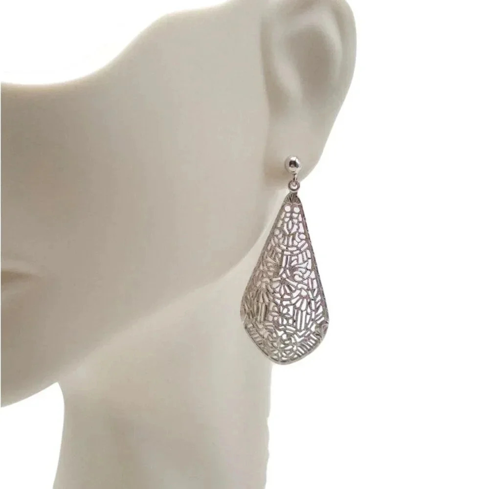 Teardrop Filigree Dangle Drop Earrings Silver Tone Vintage